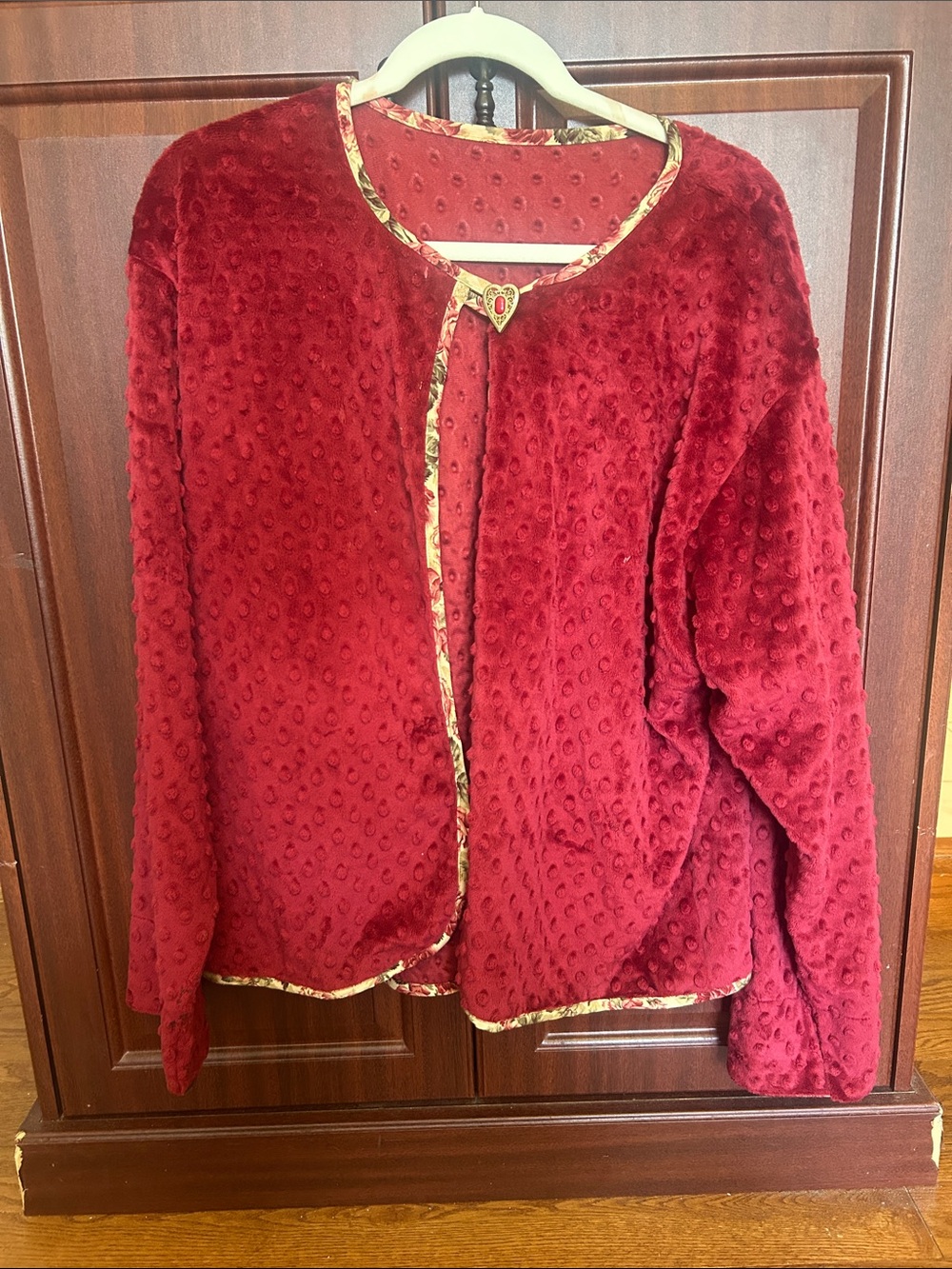 Source Unknown Burgundy Plush Teddy Jacket with Floral Trim